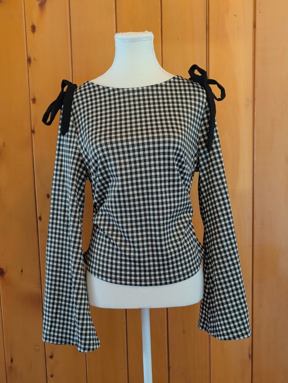 Cider Black & White Gingham Tie-Shoulder Long Sleeve Top